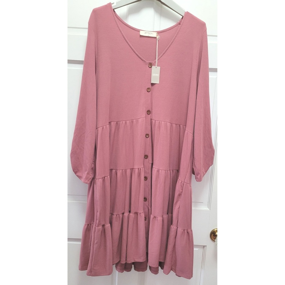 A Beautiful Soul Haven Long Sleeve Ribbed Tiered Boho Dress - Mauve - Sz A (XL)‎